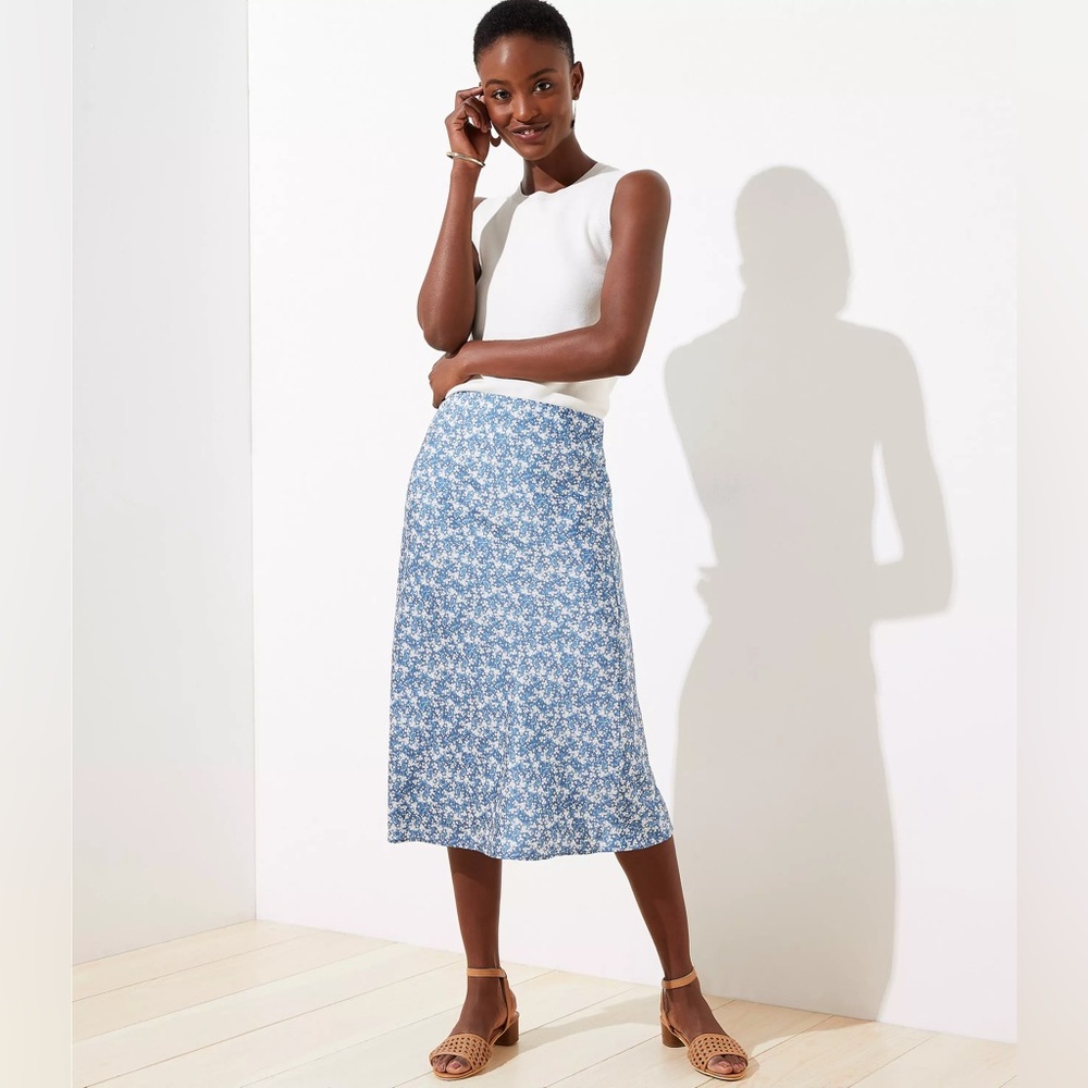 LOFT Blue Floral Midi Skirt, medium
